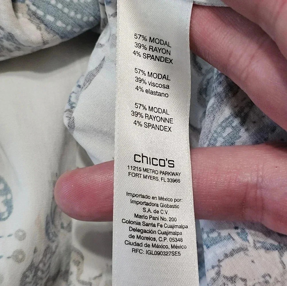 Chico’s Small (0) Beige Blue Floral Lace-Up Blouse Boho Western Collared Top - Picture 6 of 8